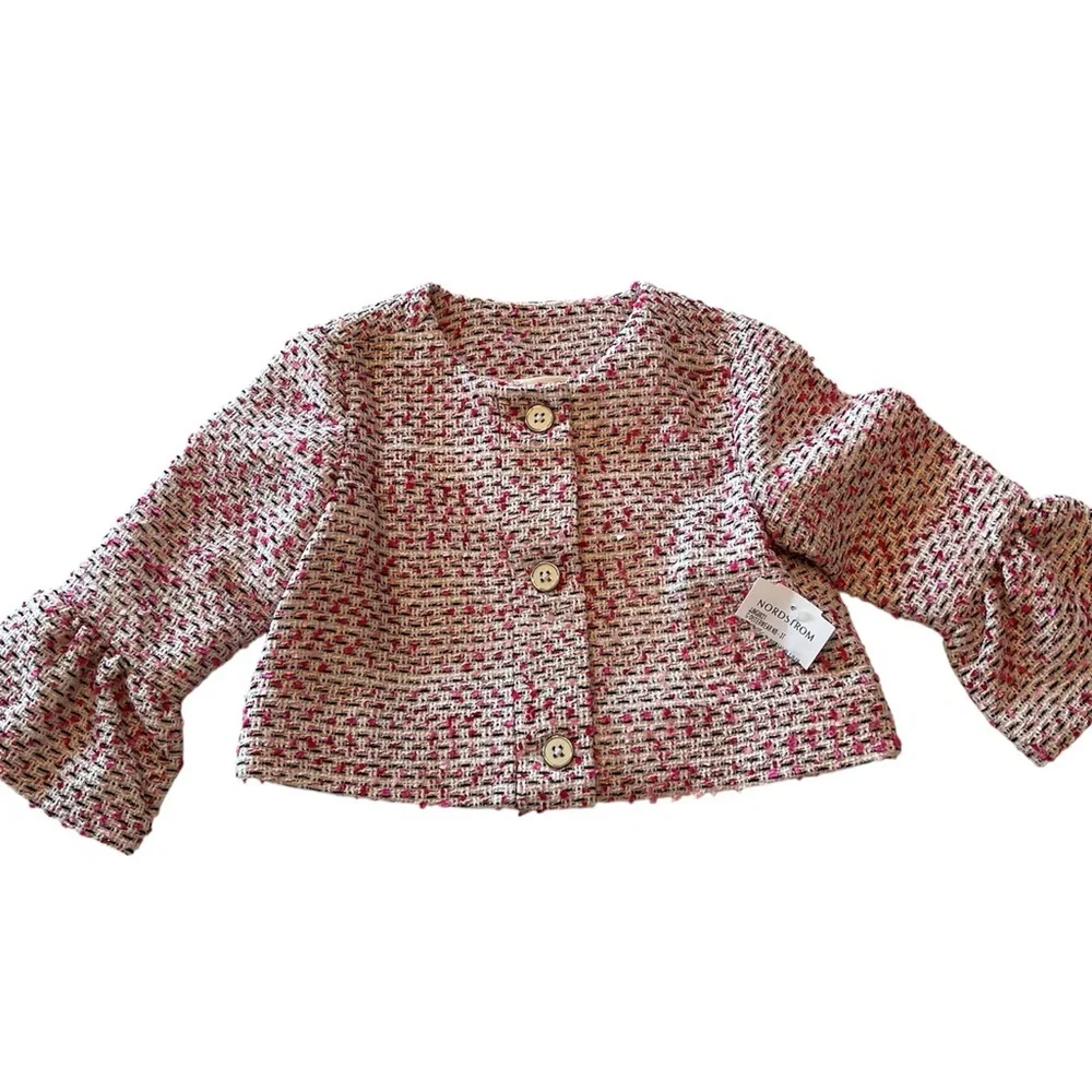 NWT Janie and Jack Tweed Ruffle Cuff Boucle Blazer Pink White size 2T